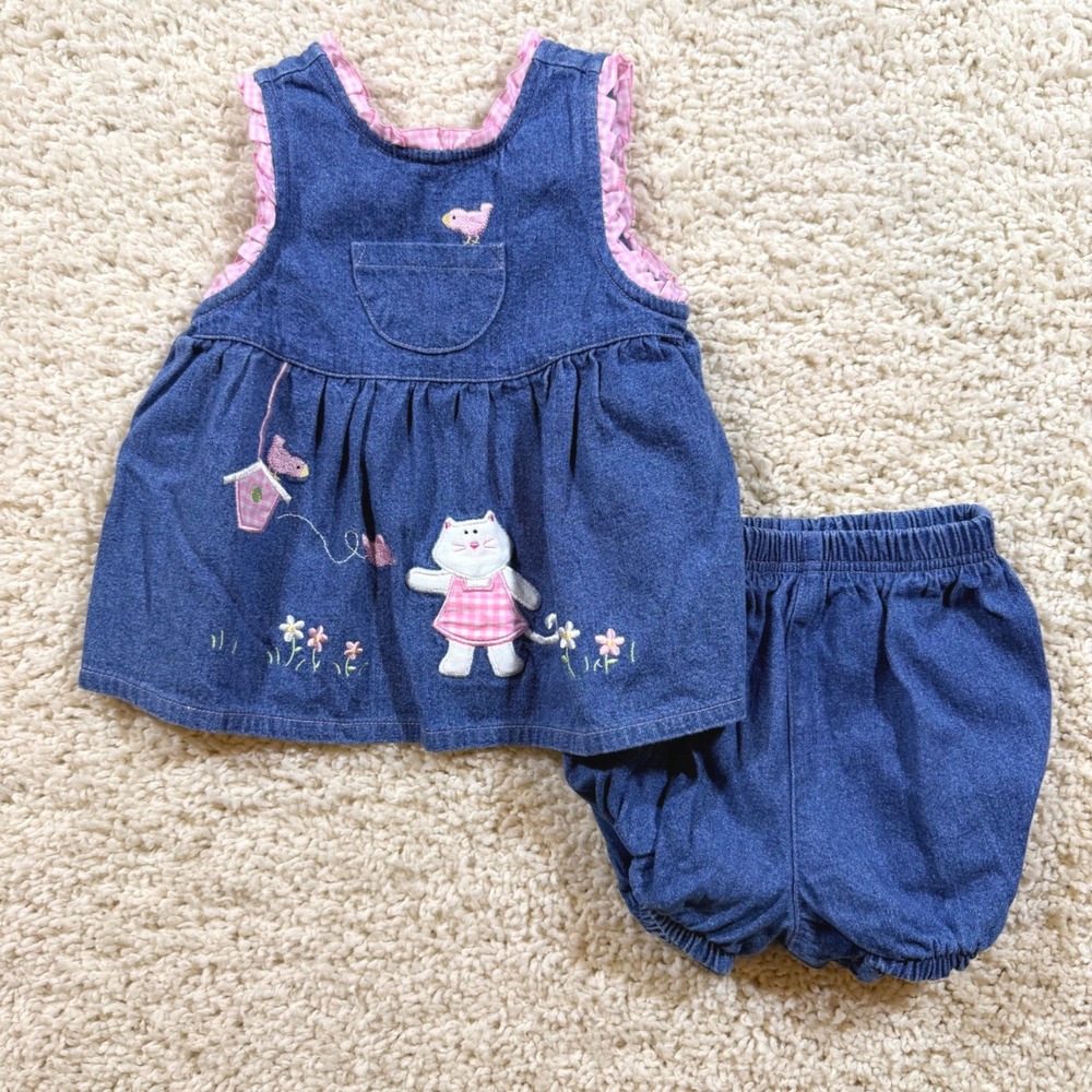 Vintage Buster Brown Denim Cat Bird Embroidered Dress Bloomer Set 18M 90s